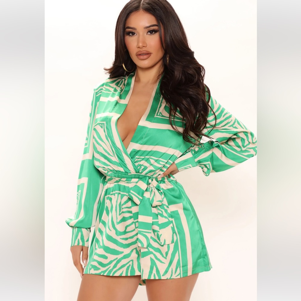 Fashion Nova Green and Cream Print Satin Wrap Romper